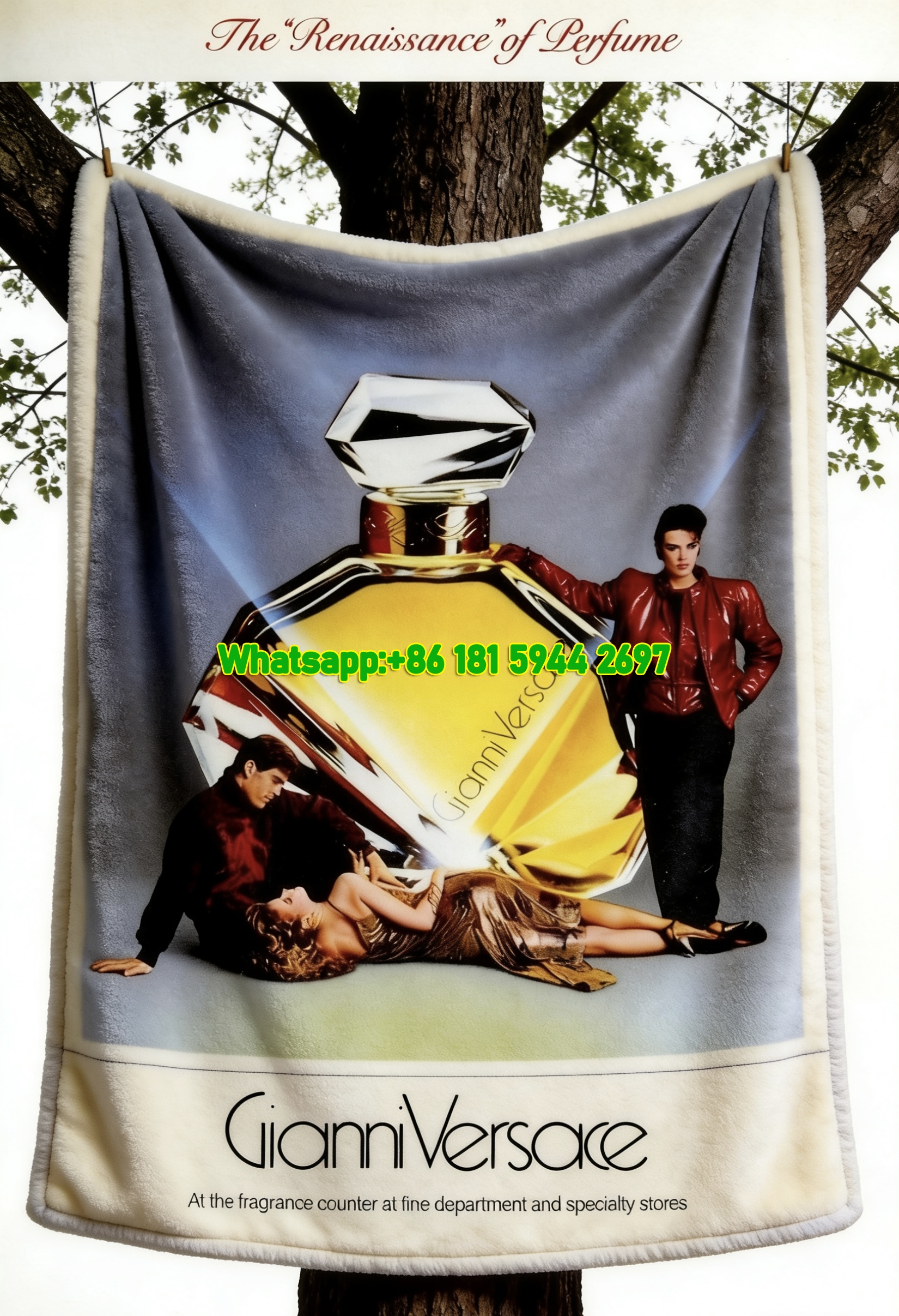 Gianni Versace Vintage Perfume Ad Print Gold Red Black Flannel Sofa Throw Blanket IMG_1559